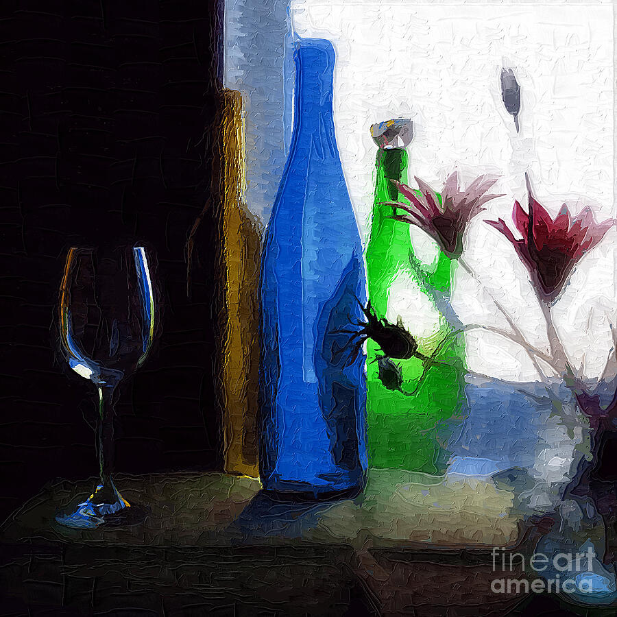 Digital still life painting by Scott Mendell featuring a tall, vibrant cobalt-blue bottle as the centerpiece on a textured surface. To its right is a translucent green bottle and a spray of deep pink wildflowers, while a delicate, empty wine glass sits in the shadows to the left. The scene is rendered with heavy, impasto-style brushstrokes and dramatic lighting that casts a sharp shadow across the foreground.