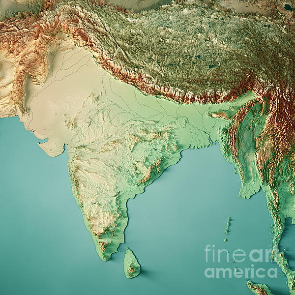India 3D Render Topographic Map Color Greeting Card by Frank Ramspott