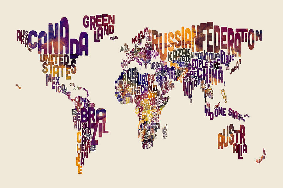 Typography Text Map of the World Map Digital Art by Michael Tompsett ...