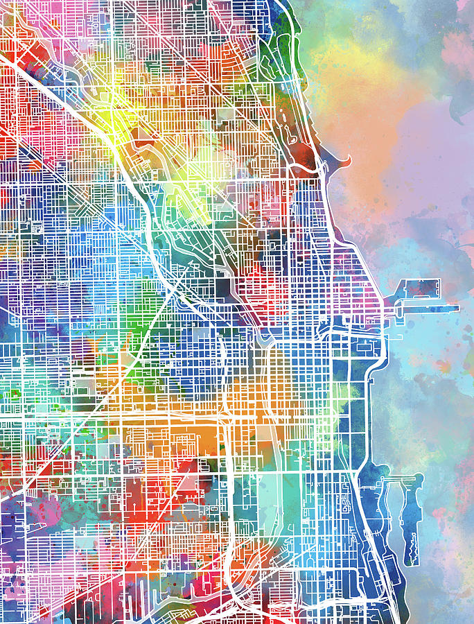 Chicago Map Watercolor Digital Art by Bekim M - Pixels