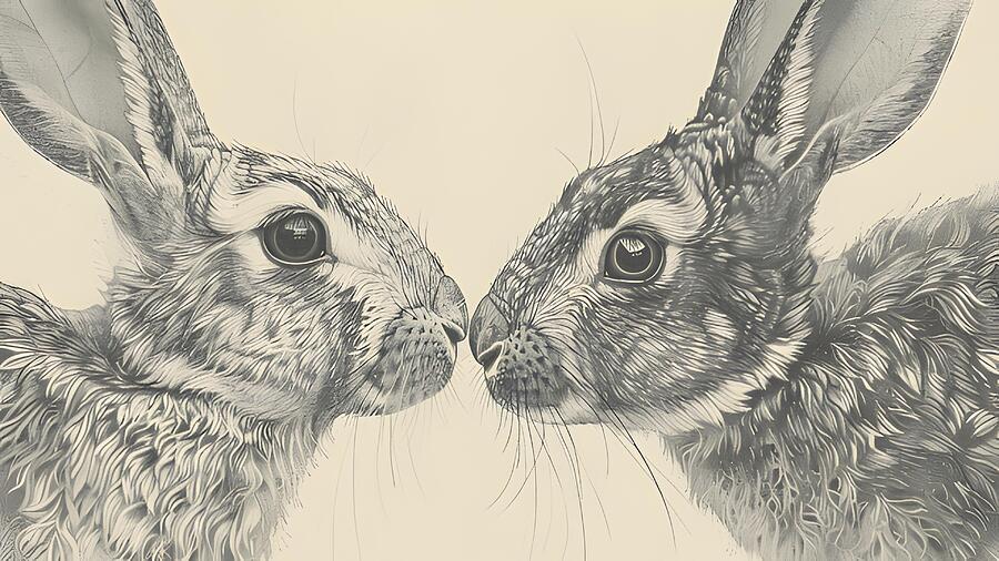 Two Rabbits Facing Each Other Drawing by Trendy Art - Pixels