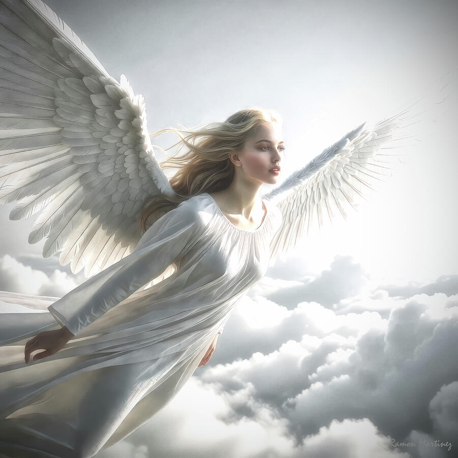 Angel Soaring Above Clouds by Ramon Martinez