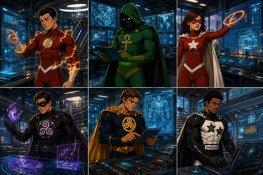 Comic Book Heroes in Control Room by Caldwell Lee
