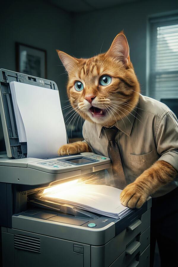 Funny Cat At Office Copier by Matthias Hauser