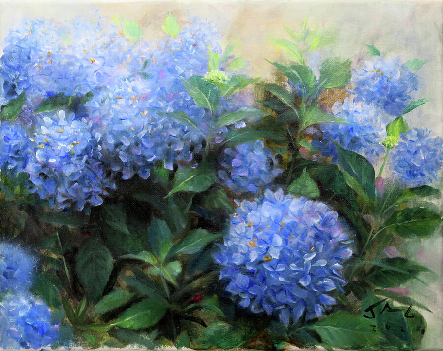 Hydrangeas- Blue Painting by Jonathan Guy Gladding JAG - Pixels