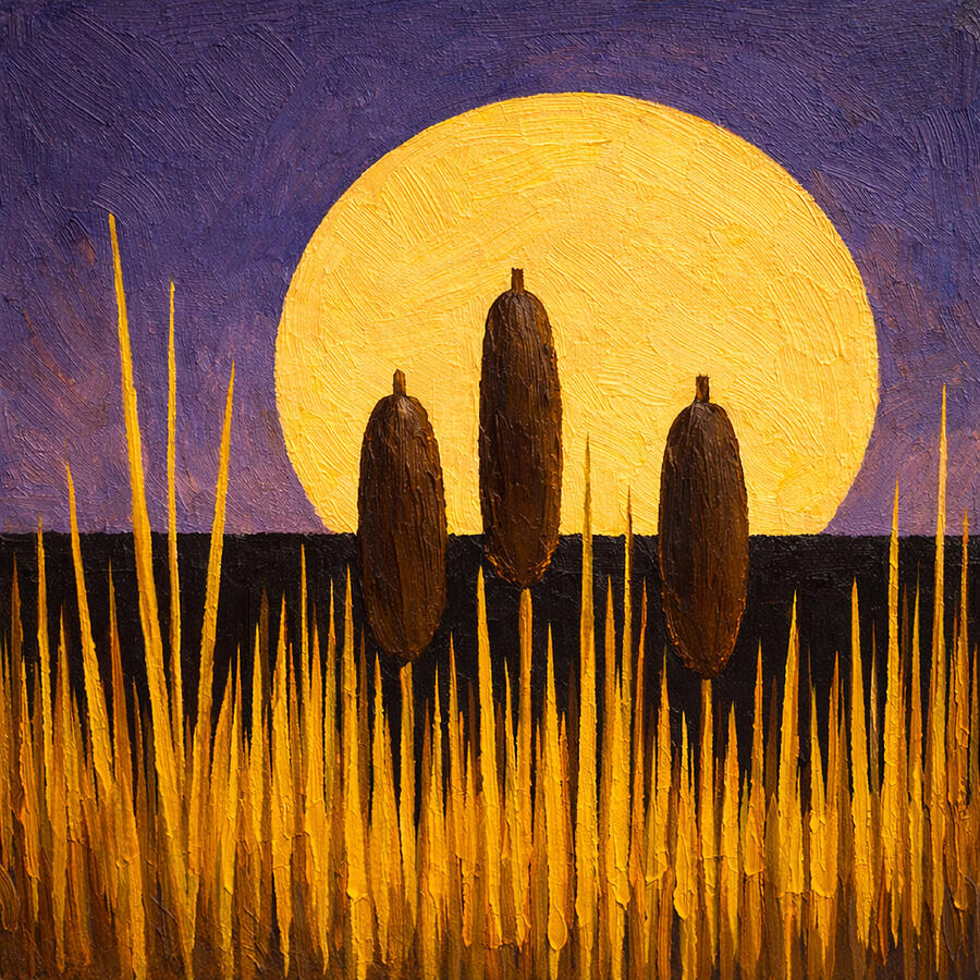 Moonrise on Cattails at Twilight Digital Art by Val Arie - Pixels