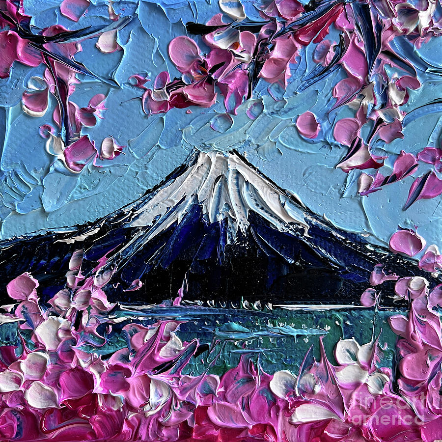 MOUNT FUJI CHERRY BLOSSOM abstract mini knife oil painting