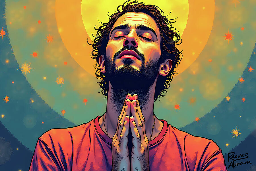 Praying Man - Serenity in Cosmic Light Mixed Media by Reeves Abram - Pastor Reeves Studio - Pixels