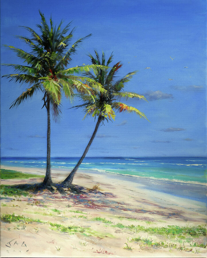 Two Coconut Trees at Sandy Beach by Jonathan Guy Gladding JAG