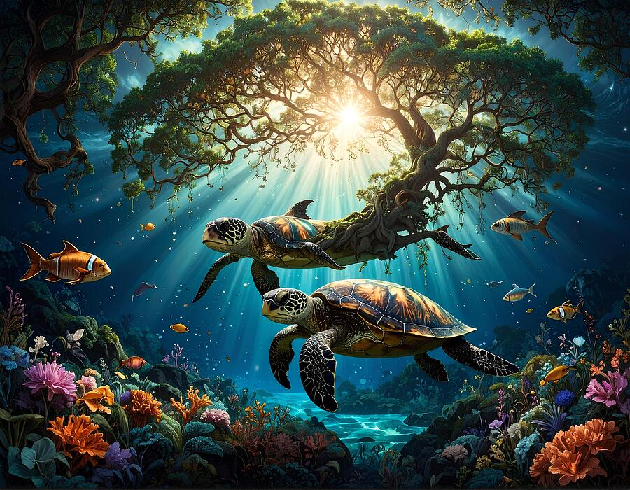 Underwater Turtles Beneath Sunlit Tree Ai Art by Lisa M Bell - Pixels