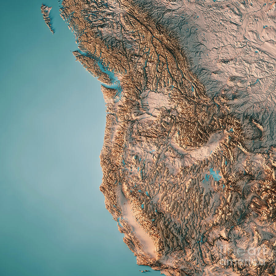 US West Coast Topographic Map 3D Render Neutral Digital Art by Frank