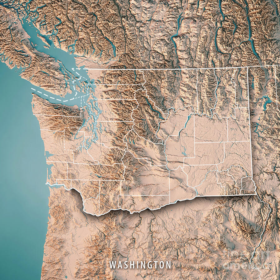 Washington US State Topographic Map 3D Render Neutral Counties B ...