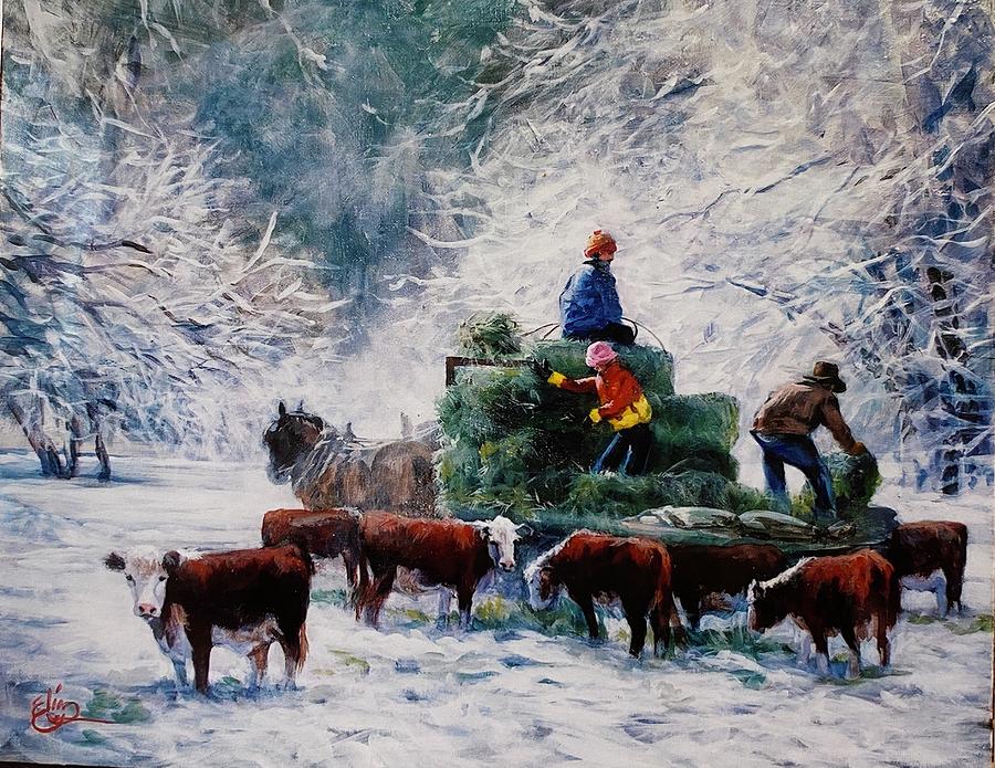 Winter Feed Cattle Farm Ranch by Elin Thomas