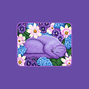 Dreaming Sleeping Purple Cat Spring Flowers